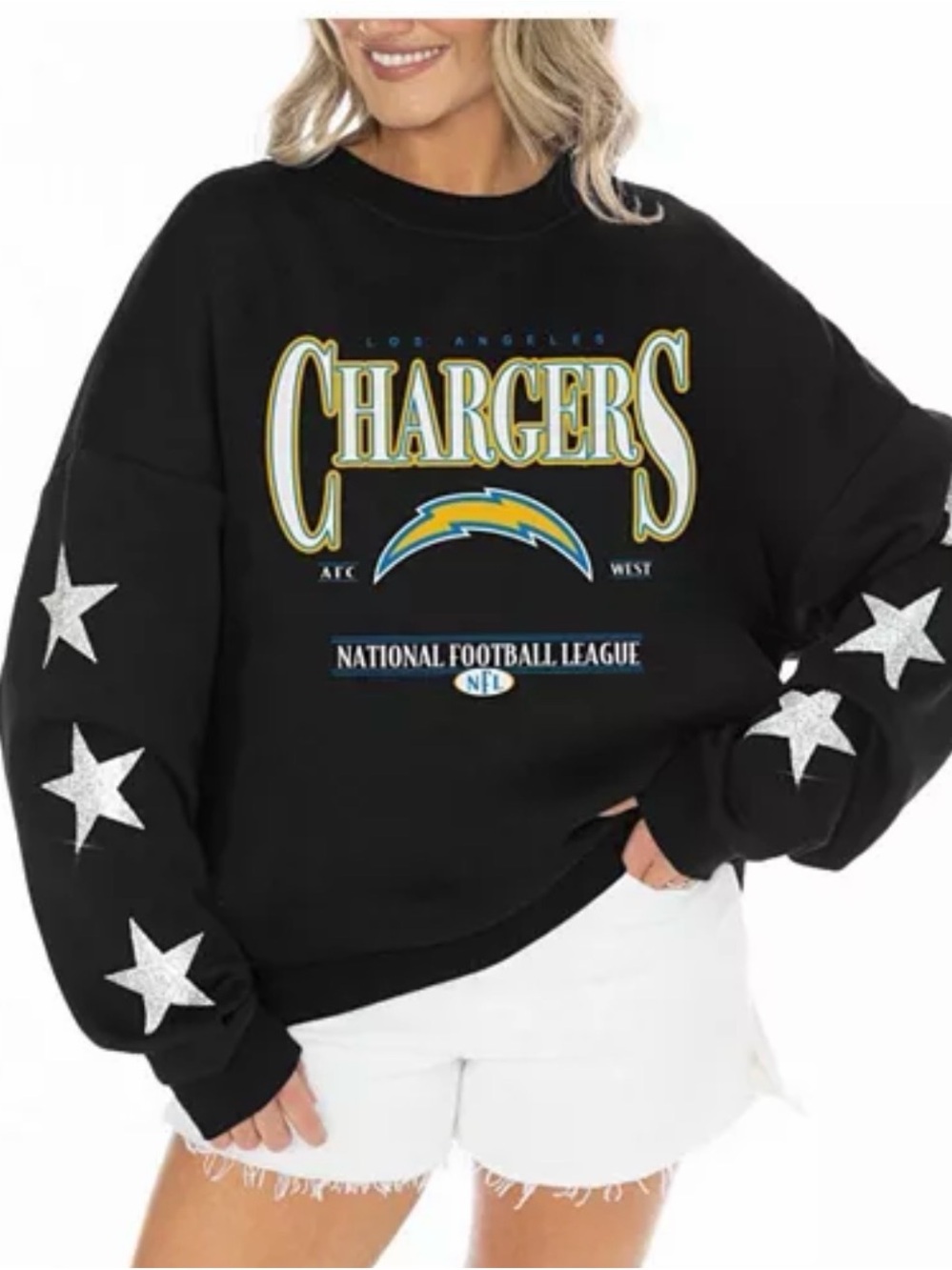 NWT Womans Black LA Chargers Rhinestone Star Sleeve Pullover Size Medium
